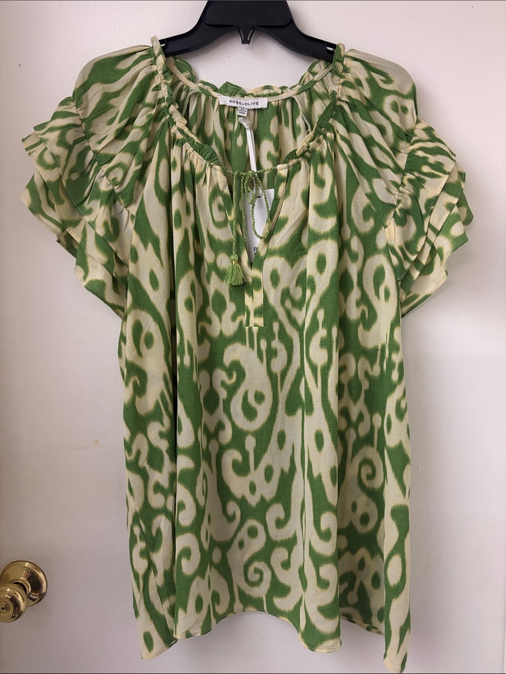 Rose & Olive Green and Cream Ikat-Style Tie-Neck Peasant Blouse
